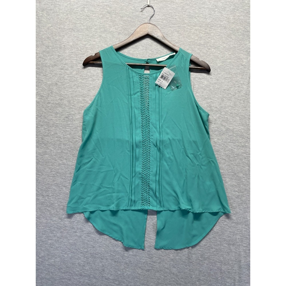 Lush Blouse Top Women Small Teal Crochet Lace Trim Round Neck Keyhole Split Back
